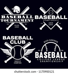 Baseball labels badges logos set. National american sport. Vector vintage illustration. Emblems with balls and crossed bats. Sports club emblems. Design for team badge.