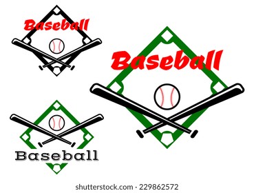 Baseball labels or badges in two different designs showing crossed bats and ball over a pitch with text Baseball, vector illustration