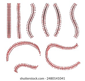 Baseball lace. Ball stitches, american sport red laces seams for leather softball, hardball lacing isolated stitch pattern thread seam brush clip art, set neat vector illustration