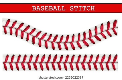 Baseball lace pattern. Baseball ball realistic stitch. Sport tournament or championship 3d vector background or backdrop with realistic white leather hardball, red thread seam