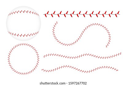 Baseball laces set. Red baseball seam brushes.Lace from a baseball on a white background. 