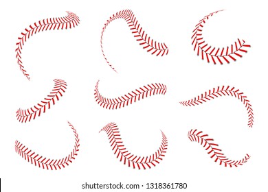 Baseball laces set. Baseball stitches with red threads. Sports graphic elements and seamless brushes. Red laces and stitches on white background