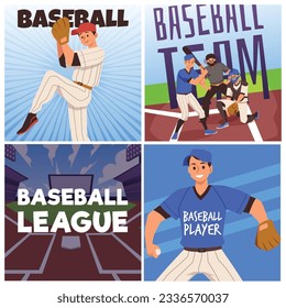 Baseball league cards or posters templates collection with cartoon characters in flat style vector illustration. Baseball team or club banners and posters bundle.