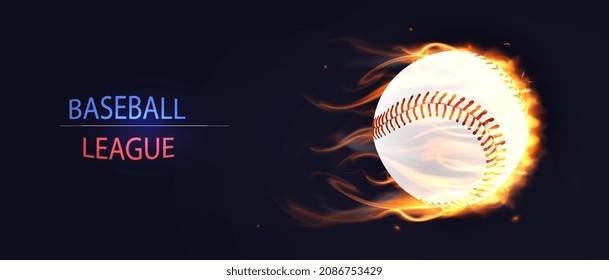 Baseball League concept. Colorful sports banner with burning white small ball with red seams. Horizontal design element for advertising sports events and tournaments. Cartoon 3D vector illustration