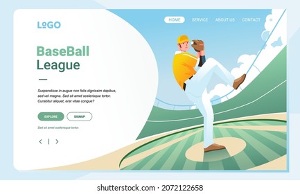 Baseball league landing page design illustration, baseball player ready to throw the ball to other player