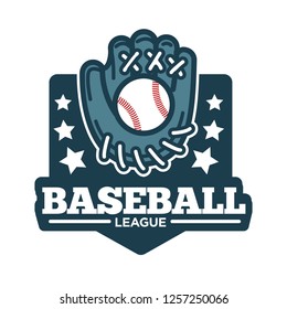 Baseball league logo glove made of leather and ball vector isolated logotype of american national game mitten with threads and starry symbols stars meaning success of team reward for good play.