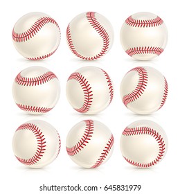 Baseball Leather Ball Close-up Set Isolated On White. SoftBall Base Ball. Realistic Baseball Icon. Vector Illustration 