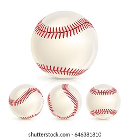 Baseball Leather Ball Close-up Set Isolated On White. SoftBall Base Ball. Realistic Vector Illustration 
