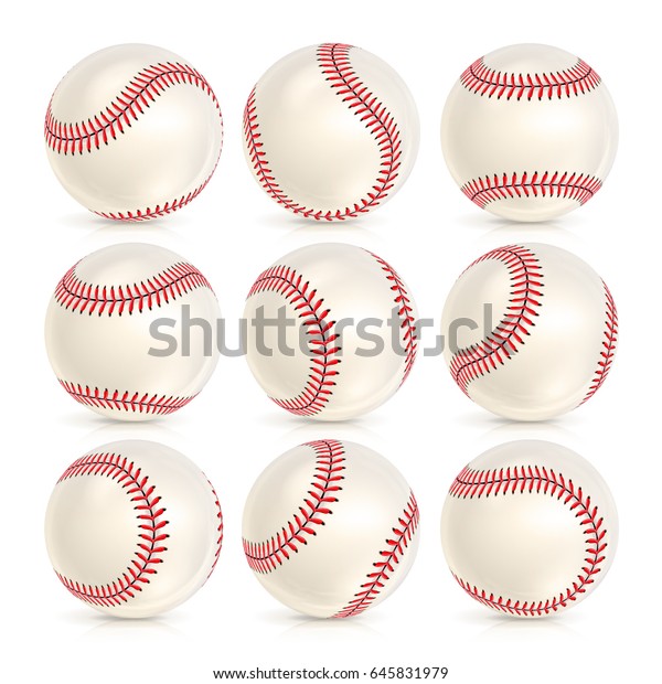 Baseball\
Leather Ball Close-up Set Isolated On White. SoftBall Base Ball.\
Realistic Baseball Icon. Vector Illustration\
