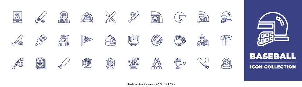 Baseball line icon collection. Editable stroke. Vector illustration. Containing baseball, homerun, pitchingmachine, baseballplayer, baseballglove, baseballcap, baseballcard, coach, trophy.