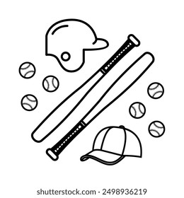 Baseball line icon set. Bat, stick, ball, helmet, hat, caps icon isolate on white background. Baseball equipment vector illustration