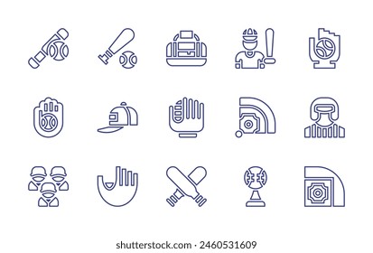 Baseball line icon set. Editable stroke. Vector illustration. Containing baseballcap, baseballfield, baseballbag, baseballglove, baseballbat, baseballteam, baseballplayer, baseball, player.