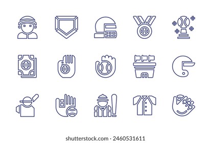 Baseball line icon set. Editable stroke. Vector illustration. Containing batter, base, helmet, baseball, baseballglove, baseballplayer, baseballhelmet, baseballcard, baseballstadium, trophy, award.