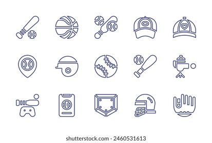 Baseball line icon set. Editable stroke. Vector illustration. Containing baseball, baseballhat, basketballball, pitchingmachine, baseballcap, base, baseballball, baseballglove, baseballhelmet.