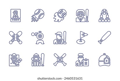 Baseball line icon set. Editable stroke. Vector illustration. Containing baseball, baseballplayer, bats, baseballcap, coach.