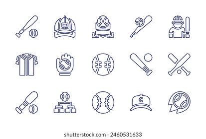 Baseball line icon set. Editable stroke. Vector illustration. Containing baseball, baseballbat, baseballcap, baseballjersey, homerun, baseballball, baseballplayer, tournament.