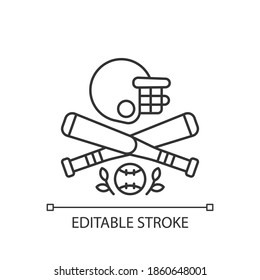 Lineares Baseball-Symbol. Bat-and-ball-Spiel. Beteiligung des Sports Batting und Feldbearbeitung. Softball. Dünne, anpassbare Illustration. Contour-Symbol. Vektor-einzelne Rahmenzeichnung. Bearbeitbarer Hub