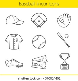 Baseball linear icons set. Isolated baseball game equipment thin line illustrations. Baseball player uniform cap, shirt and shoes. Baseball bat and ball contour symbols. Vector isolated drawings