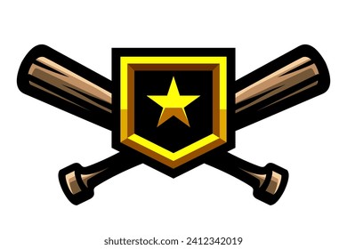 Baseball logo, crossed wooden bats and golden star, game achievement rating, battle award, reward signs. Sport games. Emblem, badge.