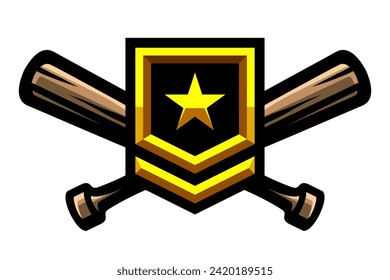 Baseball logo, crossed wooden bats and golden star, game achievement rating, battle award, reward signs. Sport games. Emblem, badge.