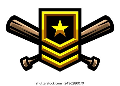 Baseball logo, crossed wooden bats and golden star, game achievement rating, battle award, reward signs. Sport games. Emblem, badge.
