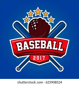 Baseball logo design with crossed bats, leather glove and stars