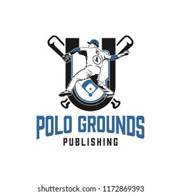 Baseball logo design with a male player, field and baseball stick
