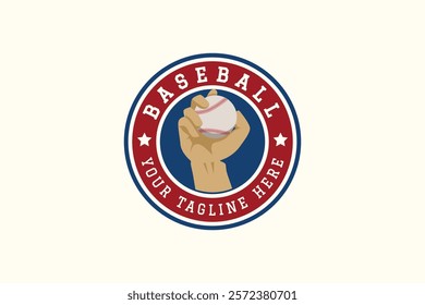 baseball logo in emblem form with a hand holding a ball in the middle. It's great for team logos, clubs, stickers, etc.