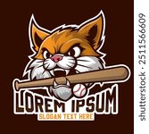 Baseball logo mascot, wild cat baseball mascot illustration logo vector, cute cat cartoon, esport