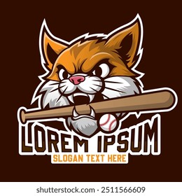 Baseball logo mascot, wild cat baseball mascot illustration logo vector, cute cat cartoon, esport