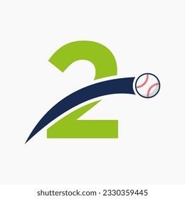 Baseball Logo On Letter 2 With Moving Baseball Icon. Baseball Logotype Template