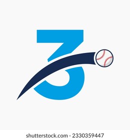 Baseball Logo On Letter 3 With Moving Baseball Icon. Baseball Logotype Template