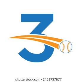 Baseball Logo On Letter 3 Concept With Moving Baseball Symbol. Baseball Sign