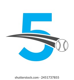 Baseball Logo On Letter 5 Concept With Moving Baseball Symbol. Baseball Sign