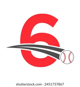 Baseball Logo On Letter 6 Concept With Moving Baseball Symbol. Baseball Sign