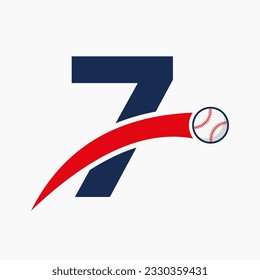 Baseball Logo On Letter 7 With Moving Baseball Icon. Baseball Logotype Template