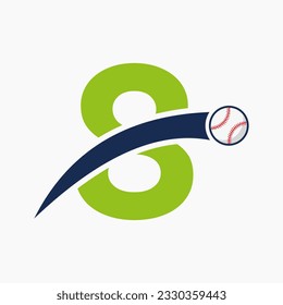 Logo De Béisbol En La Letra 8 Con Icono De Béisbol En Movimiento. Plantilla de logotipo de béisbol
