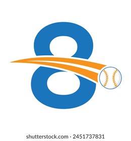 Baseball Logo On Letter 8 Concept With Moving Baseball Symbol. Baseball Sign