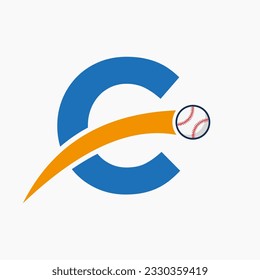 Baseball Logo On Letter C With Moving Baseball Icon. Baseball Logotype Template