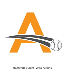 Baseball Logo On Letter A Concept With Moving Baseball Symbol. Baseball Sign