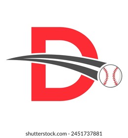 Baseball Logo On Letter D Concept With Moving Baseball Symbol. Baseball Sign