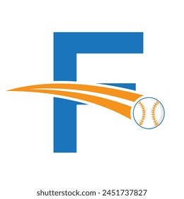 Baseball Logo On Letter F Concept With Moving Baseball Symbol. Baseball Sign