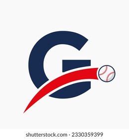 Logo De Béisbol En La Letra G Con Icono De Béisbol En Movimiento. Plantilla de logotipo de béisbol