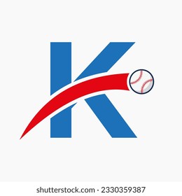Baseball Logo On Letter K With Moving Baseball Icon. Baseball Logotype Template