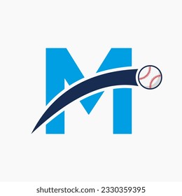 Baseball Logo On Letter M With Moving Baseball Icon. Baseball Logotype Template