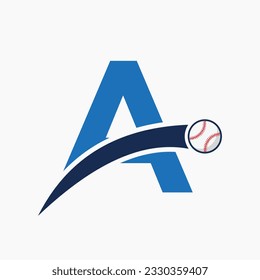 Baseball-Logo auf Buchstabe A mit bewegtem Baseballsymbol. Baseball-Logotype-Vorlage