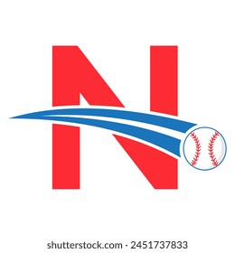 Baseball Logo On Letter N Concept With Moving Baseball Symbol. Baseball Sign