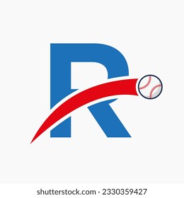 Baseball Logo On Letter R With Moving Baseball Icon. Baseball Logotype Template