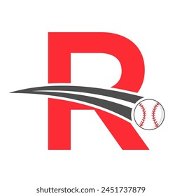 Baseball Logo On Letter R Concept With Moving Baseball Symbol. Baseball Sign