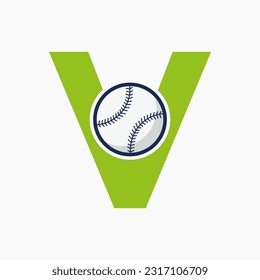 Baseball Logo On Letter V  Vector Template